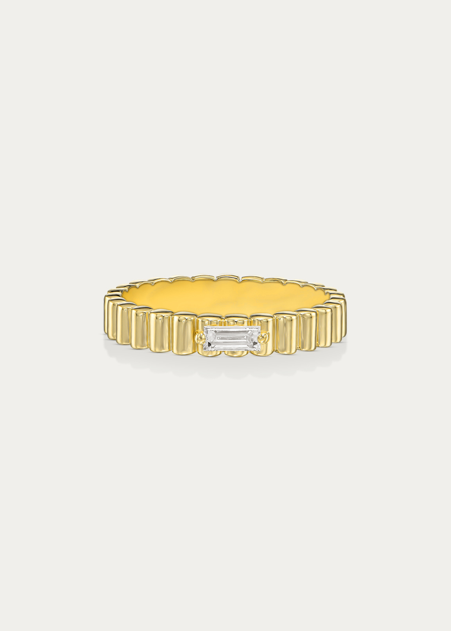Packshot of the Bubble Shine Ring from Presiada Jewelry. Bold 3.6 mm band crafted in 14K or 18K gold with a baguette 0.13 ct diamond. Available in rose, yellow, or white gold with lab or natural diamond.