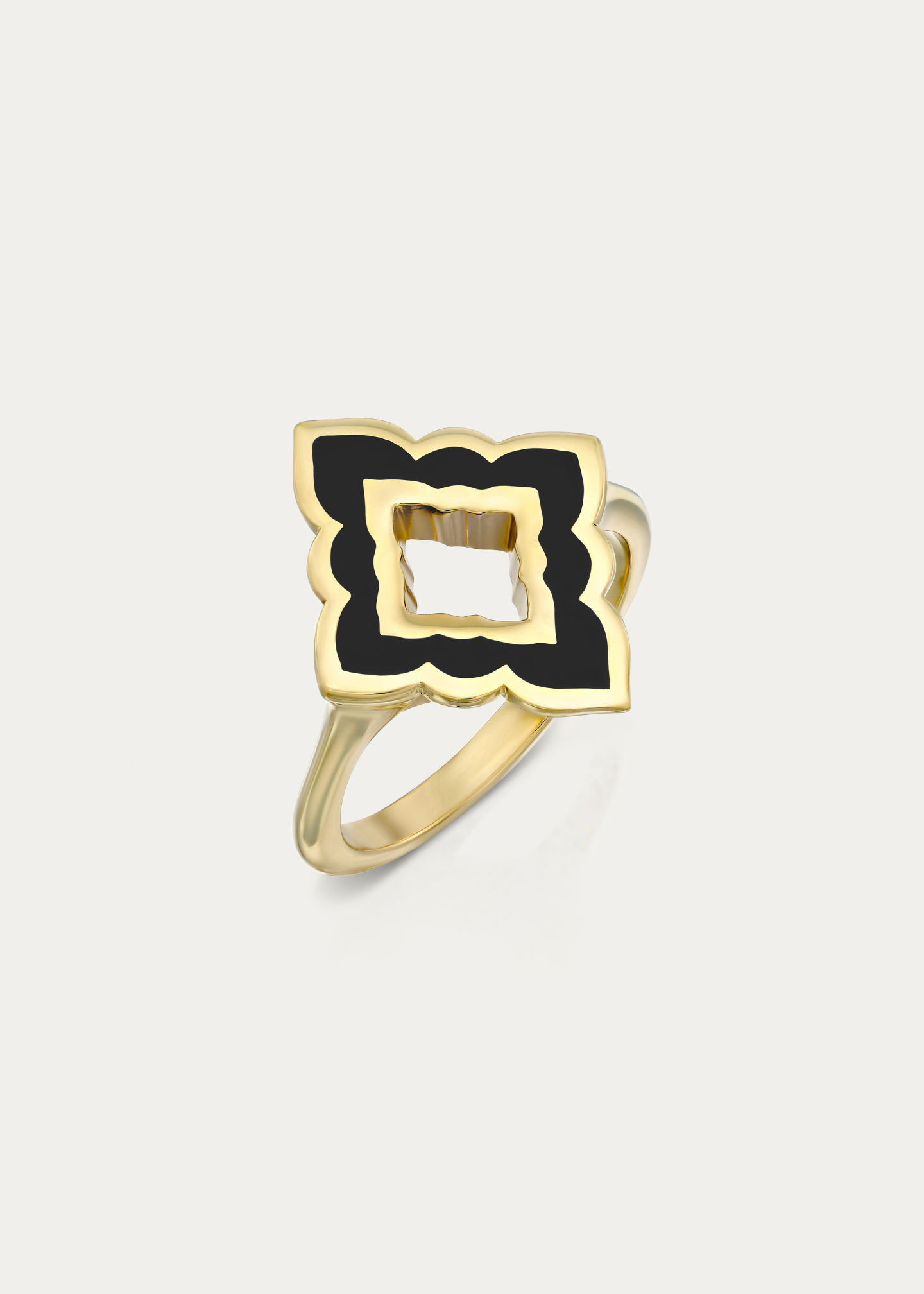 Front view of the Mirage Noir Ring, showcasing its bold sculptural design, deep black enamel, and available in 14K or 18K gold