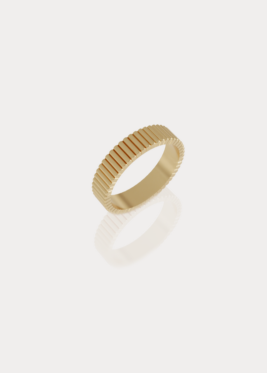 Packshot of the Bubble Line Ring 4mm by Presiada, a modern 14K or 18K gold band with a sculptural bubble texture. A bold yet playful design, perfect as a wedding band or statement piece.
