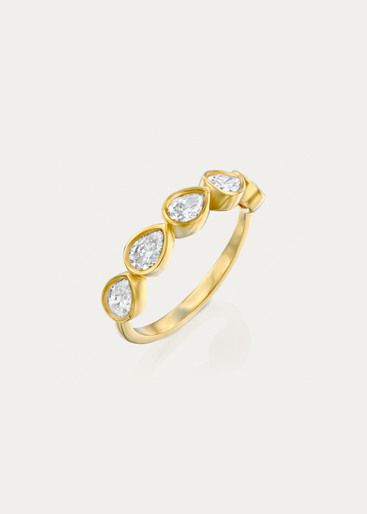 Front packshot of the Clair Ring by Presiada. Five bezel-set pear diamonds (0.5 to 1 ct total) form a refined half-eternity band in 18K gold. Yellow, white, or rose.