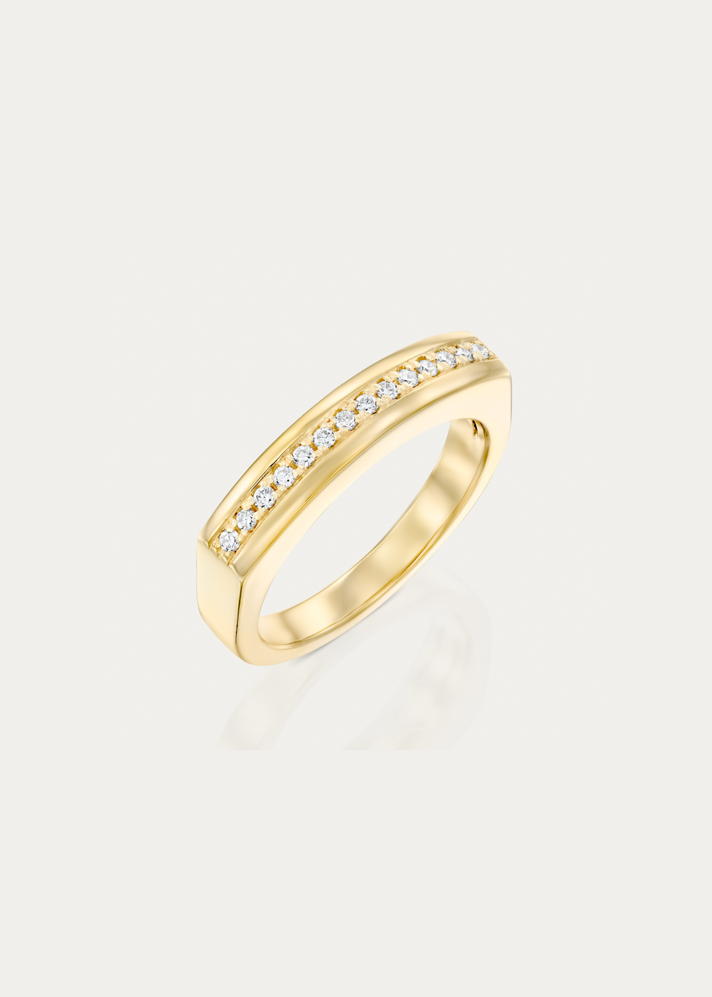 Front view of bold arc ring crafted in 18k yellow or white gold with pavé-set 0.1 ct diamonds for modern elegance.