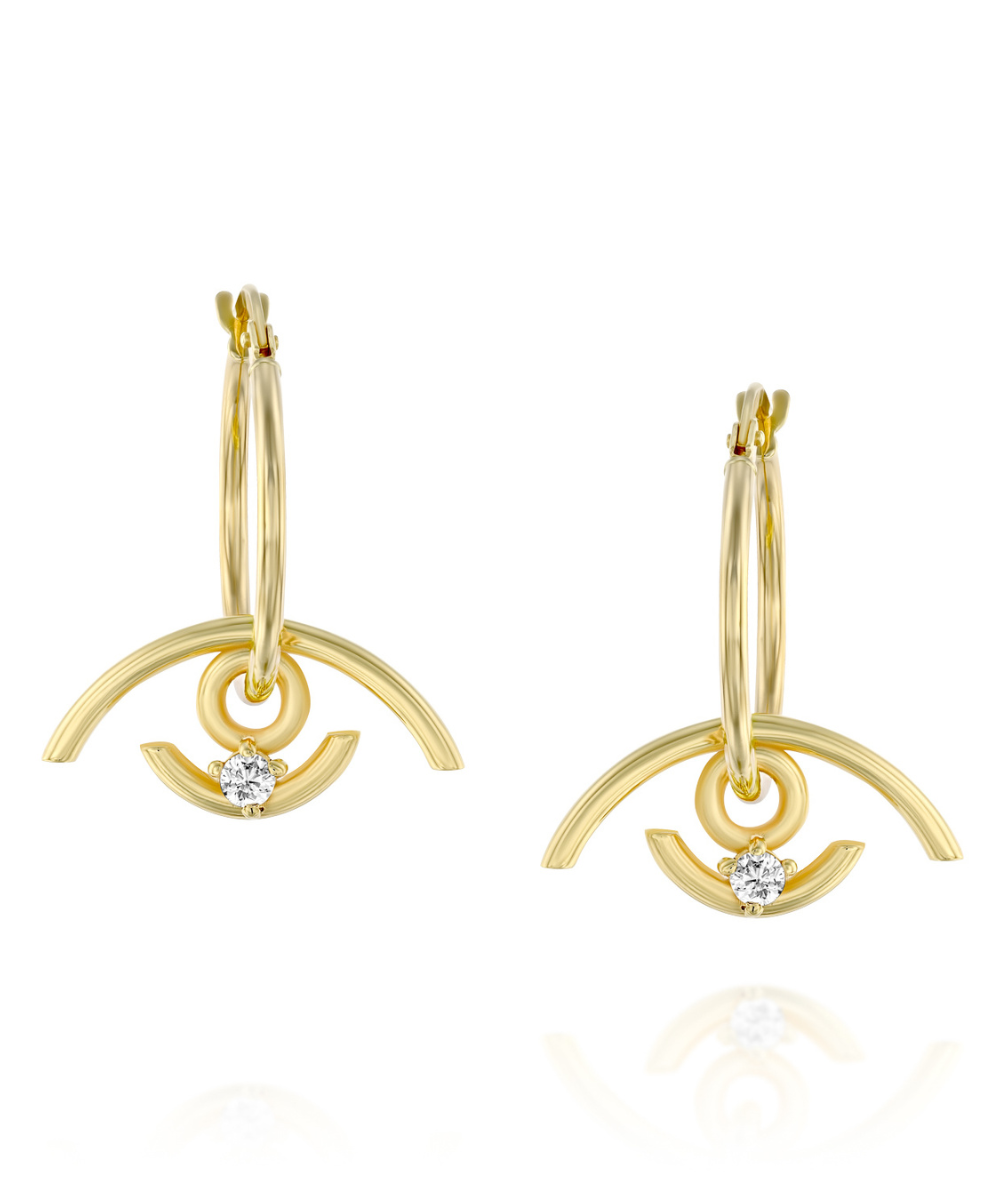 resiada Jewelry - HIBA Hoops, modern gold hoop earrings featuring a delicate eye charm, a symbol of protection and good luck inspired by Moroccan heritage.