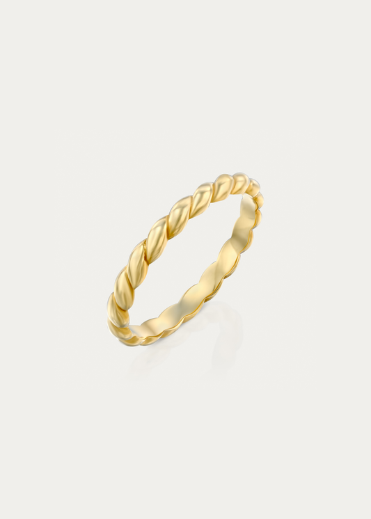 Packshot of the Rosaline Ring by Presiada. This elegant twist band is crafted in solid 14K or 18K gold and available in various widths. Refined, sculptural, and timeless.
